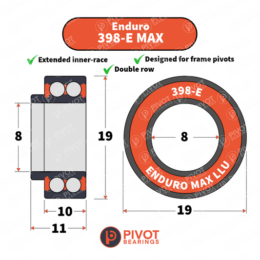 Technical diagram of Enduro 398 MAX-E bearing with specifications and Pivot Bearings logo.