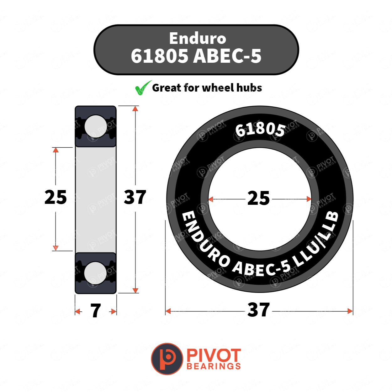 Technical dimension diagram of an Enduro 61805 ABEC-5 bearing, showing both side and cross-section views with measurements of 37, 25, and 7 on a white background.