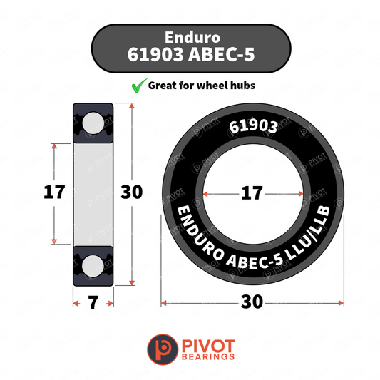 Technical dimension diagram of an Enduro 61903 ABEC-5 bearing, showing both side and front views with measurements of 30, 17, and 7, on a white background with Pivot Bearings branding.