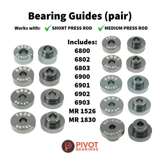 A set of gray metal bearing guides for a short or medium press rod, shown on a white background with text detailing the included part numbers and the Pivot Bearings brand logo.