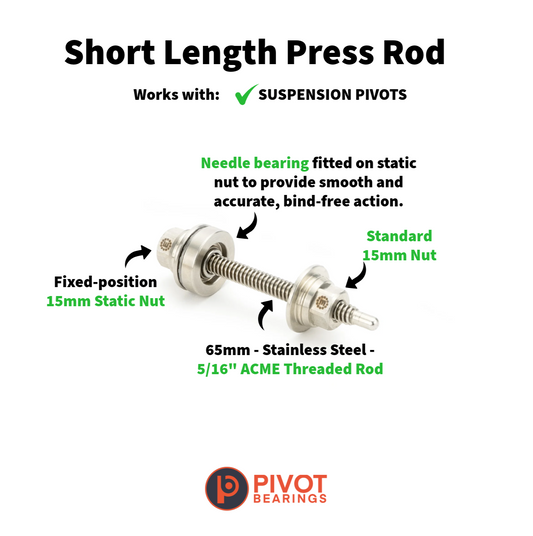 A product information graphic for a Pivot Bearings short length press rod. The image features a stainless steel threaded rod with needle bearing components, surrounded by green and black text labels explaining its function and specifications, on a solid white background.