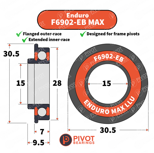 Technical drawing of an Enduro F6902-EB MAX bearing with dimensions and Pivot Bearings logo.