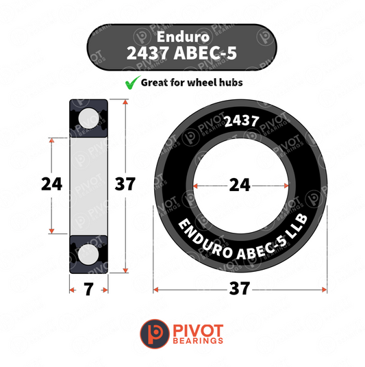 Technical drawing of an Enduro 2437 ABEC-5 bearing with dimensions and Pivot Bearings branding on a white background