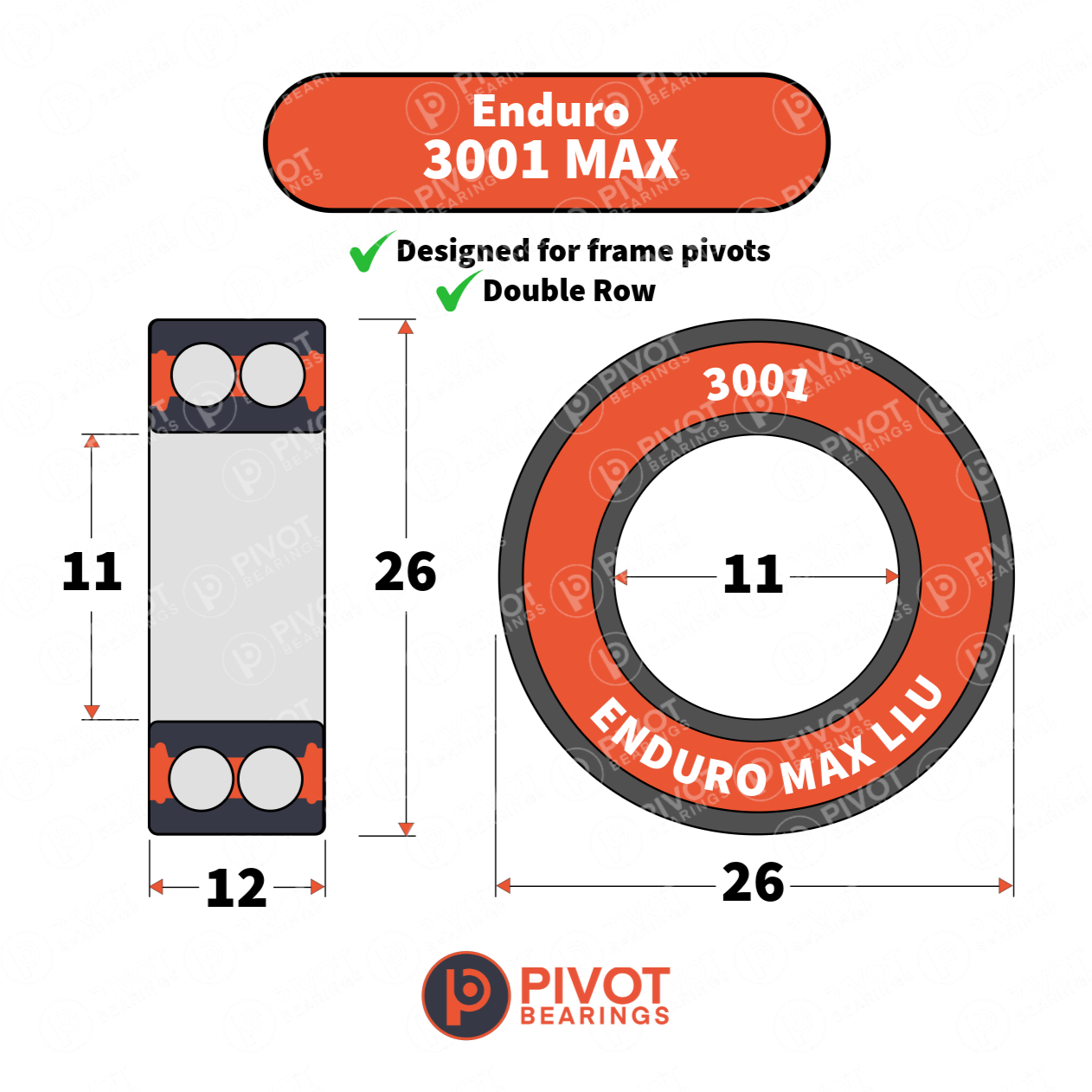 Enduro 3001 MAX Pivot Bearing with dimensions and Pivot Bearings logo on a white background