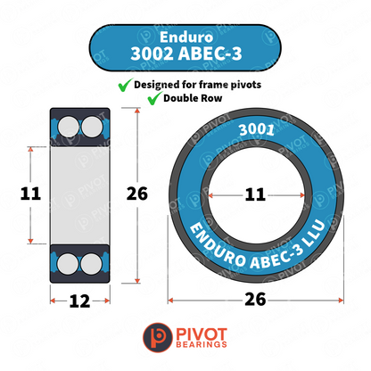 Pivot Bearings Enduro 3002 ABEC-3 bearing with dimensions and features on a white background