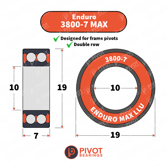 Enduro 3800 MAX-7 bearing with dimensions and Pivot Bearings logo on a white background