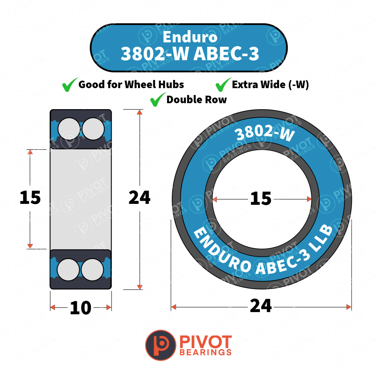 Technical dimension diagram of a Pivot Bearings Enduro 3802-W ABEC-3 double row wheel hub bearing, showing front and side profile views with measurements of 15, 10, and 24.