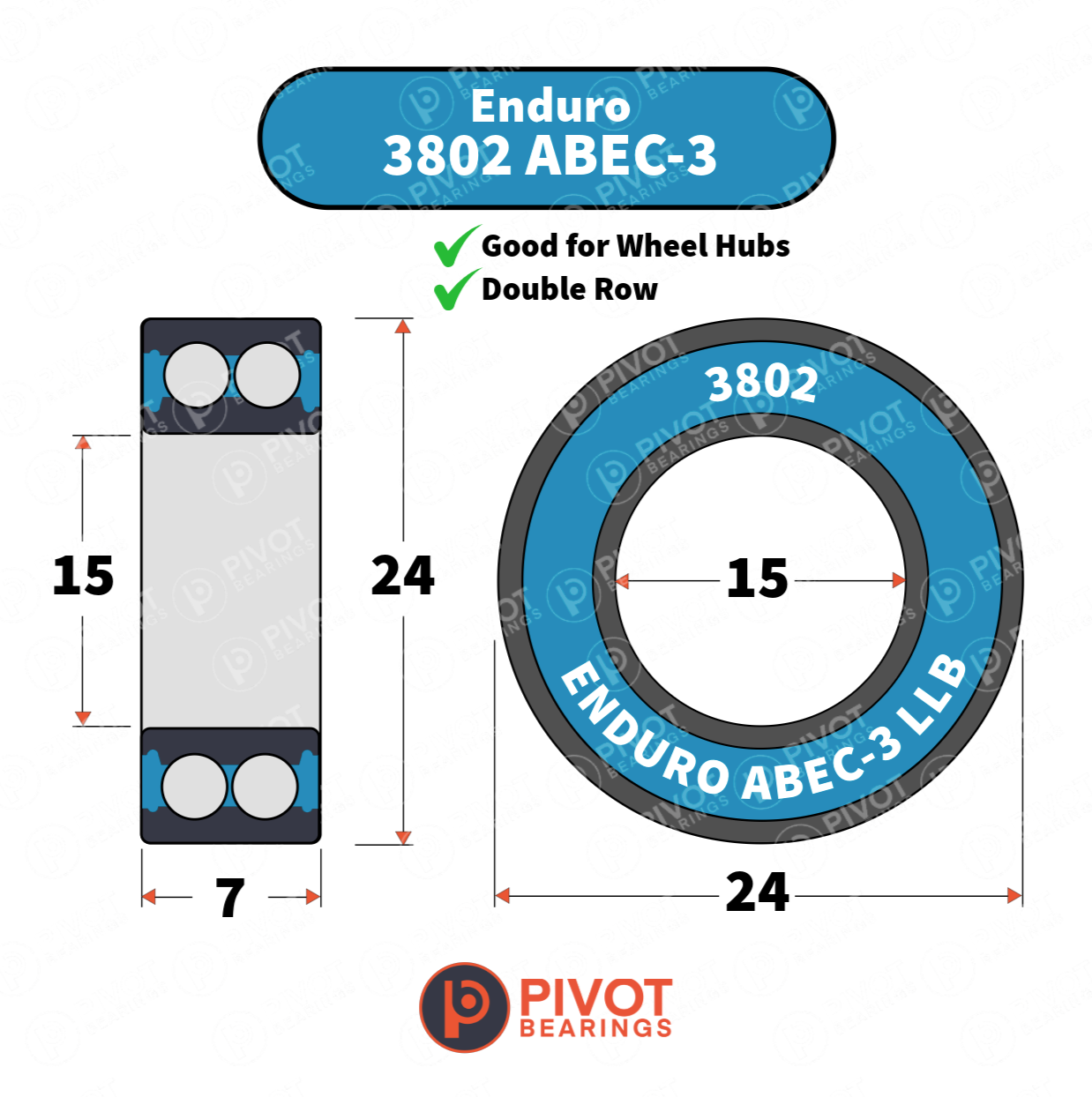 Technical dimension diagram of an Enduro 3802 ABEC-3 double row angular contact bearing, showing front and side profile views with measurements of 15, 7, and 24, on a white background with the PIVOT BEARINGS logo.
