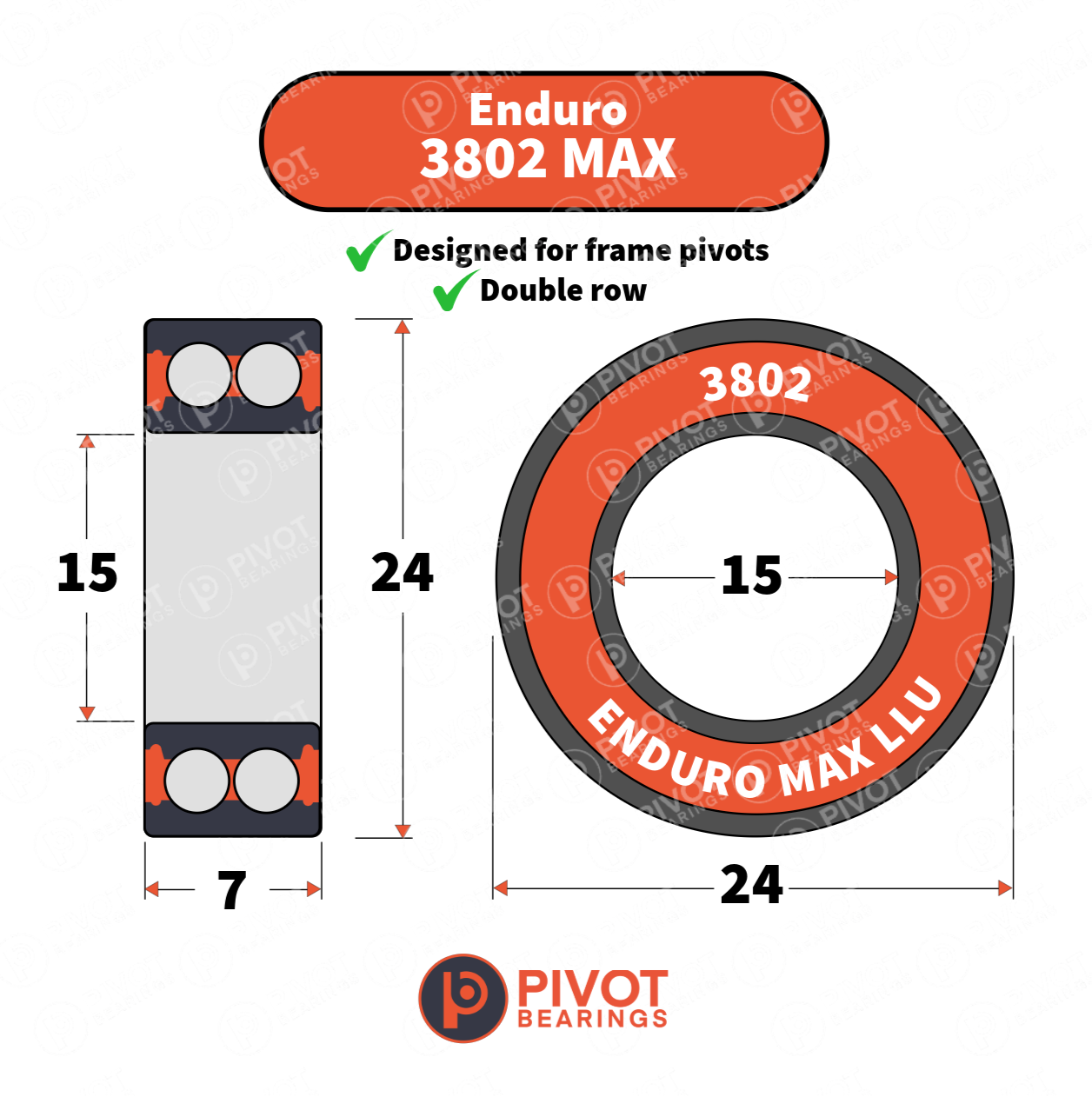 Enduro 3802 MAX bearing with dimensions and Pivot Bearings logo on a white background