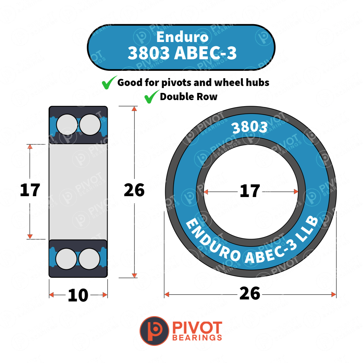 Enduro 3803 ABEC-3 bearing with dimensions and features on a white background with a Pivot Bearings logo