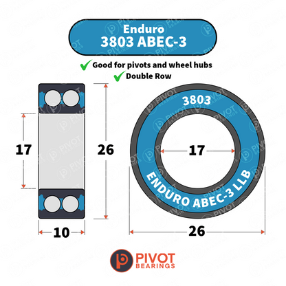 Enduro 3803 ABEC-3 bearing with dimensions and features on a white background with a Pivot Bearings logo