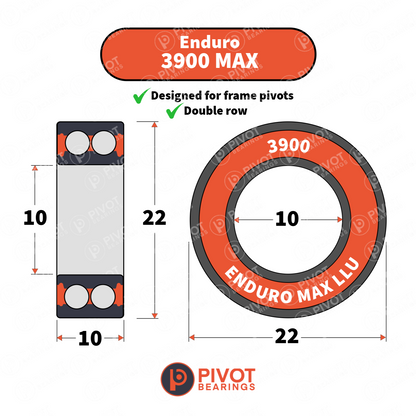 Enduro 3900 MAX Pivot Bearing with dimensions and Pivot Bearings logo on a white background