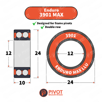 Enduro 3901 MAX bearing with dimensions and Pivot Bearings logo on a white background