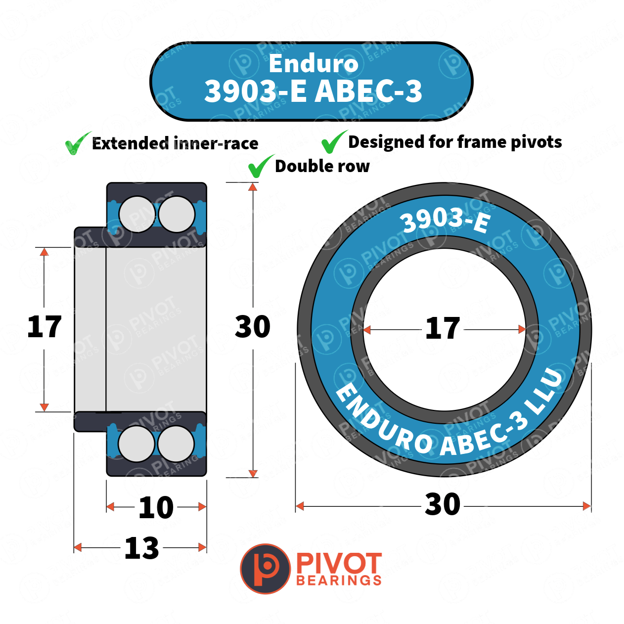 Technical drawing of a bearing with dimensions and 'Enduro 3903-E ABEC-3' label on a white background.