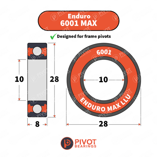 Enduro 6001 MAX bearing with dimensions and Pivot Bearings logo on a white background