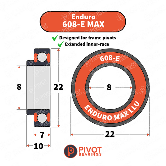 Enduro 608 MAX-E bearing with dimensions and Pivot Bearings logo on a white background