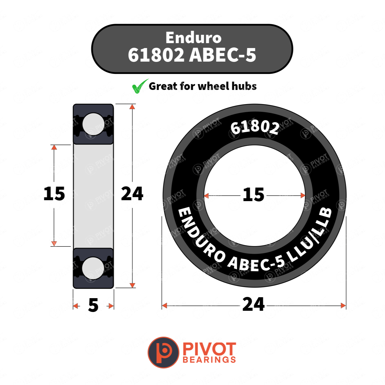Technical dimension diagram of an Enduro 61802 ABEC-5 bearing, showing both side and cross-section views with measurements of 24, 15, and 5 on a white background.