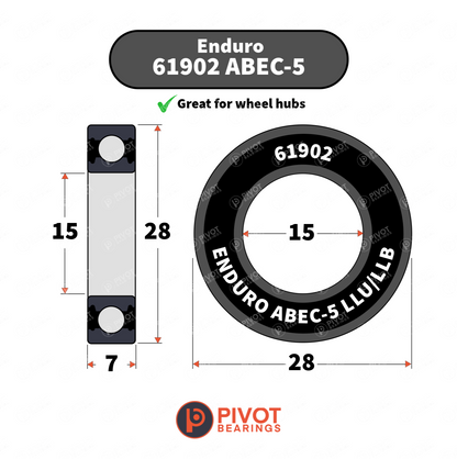 Technical dimension diagram of an Enduro 61902 ABEC-5 bearing, showing front and side views with measurements of 28, 15, and 7, on a white background with Pivot Bearings branding.