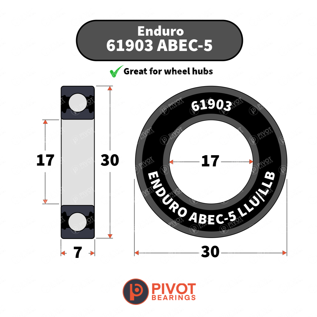Technical dimension diagram of an Enduro 61903 ABEC-5 bearing, showing both side and front views with measurements of 30, 17, and 7, on a white background with Pivot Bearings branding.