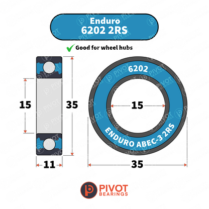 Enduro 6202 ABEC-3 bearing with dimensions and Pivot Bearings logo on a white background