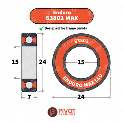 Enduro 63802 MAX bearing with dimensions and Pivot Bearings logo on a white background