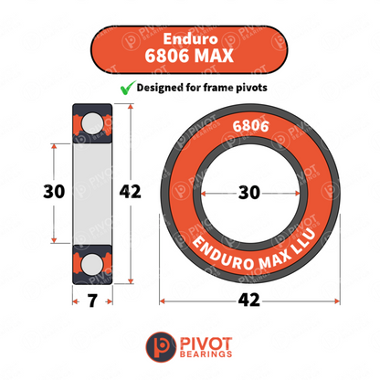 Enduro 6806 MAX bearing with dimensions and Pivot Bearings logo on a white background
