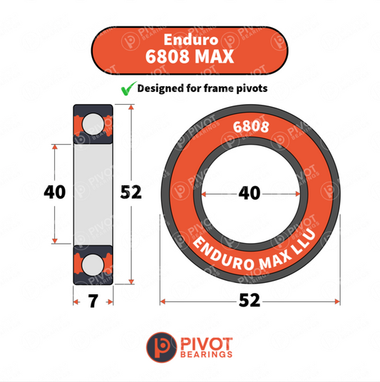 Enduro 6808 MAX bearing with dimensions and Pivot Bearings logo on a white background