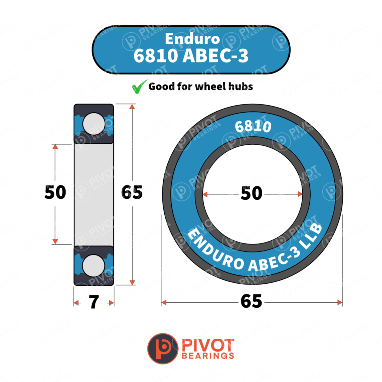 Enduro 6810 ABEC-3 bearing with dimensions and Pivot Bearings logo on a white background