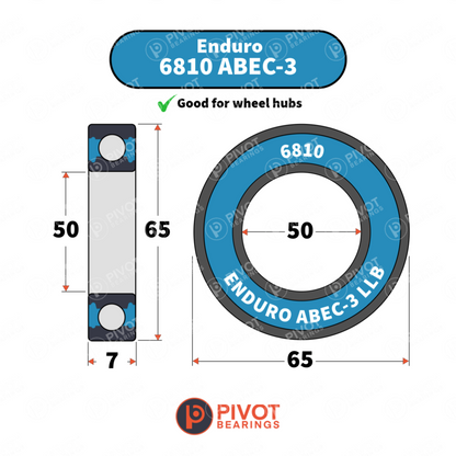 Enduro 6810 ABEC-3 bearing with dimensions and Pivot Bearings logo on a white background