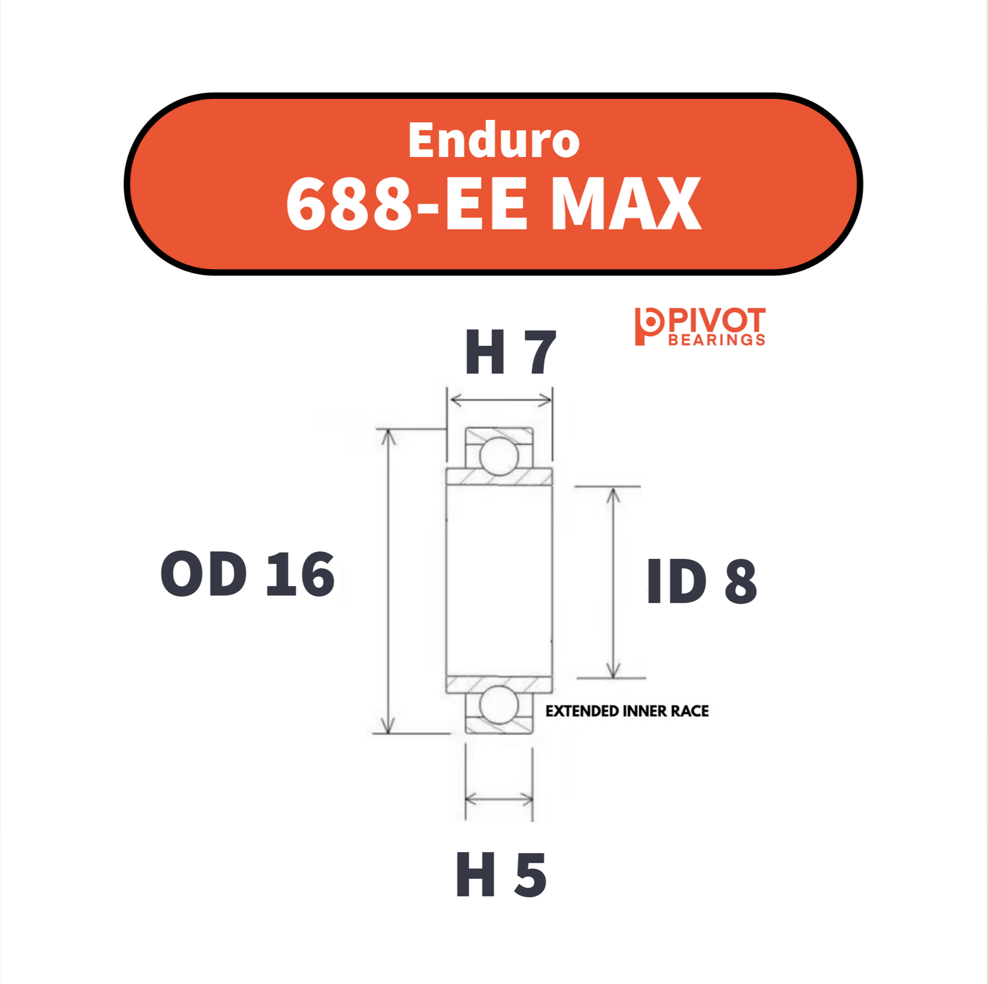 Technical drawing of an Enduro 688 MAX-EE bearing with dimensions and Pivot Bearings branding on a white background