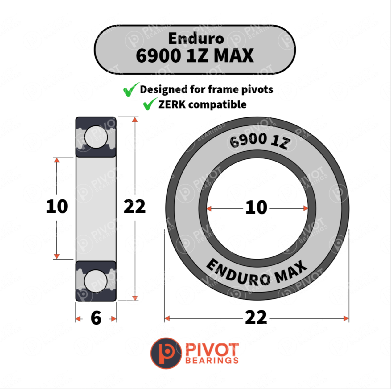 Enduro 6900 1Z MAX bearing with dimensions and Pivot Bearings logo on a white background