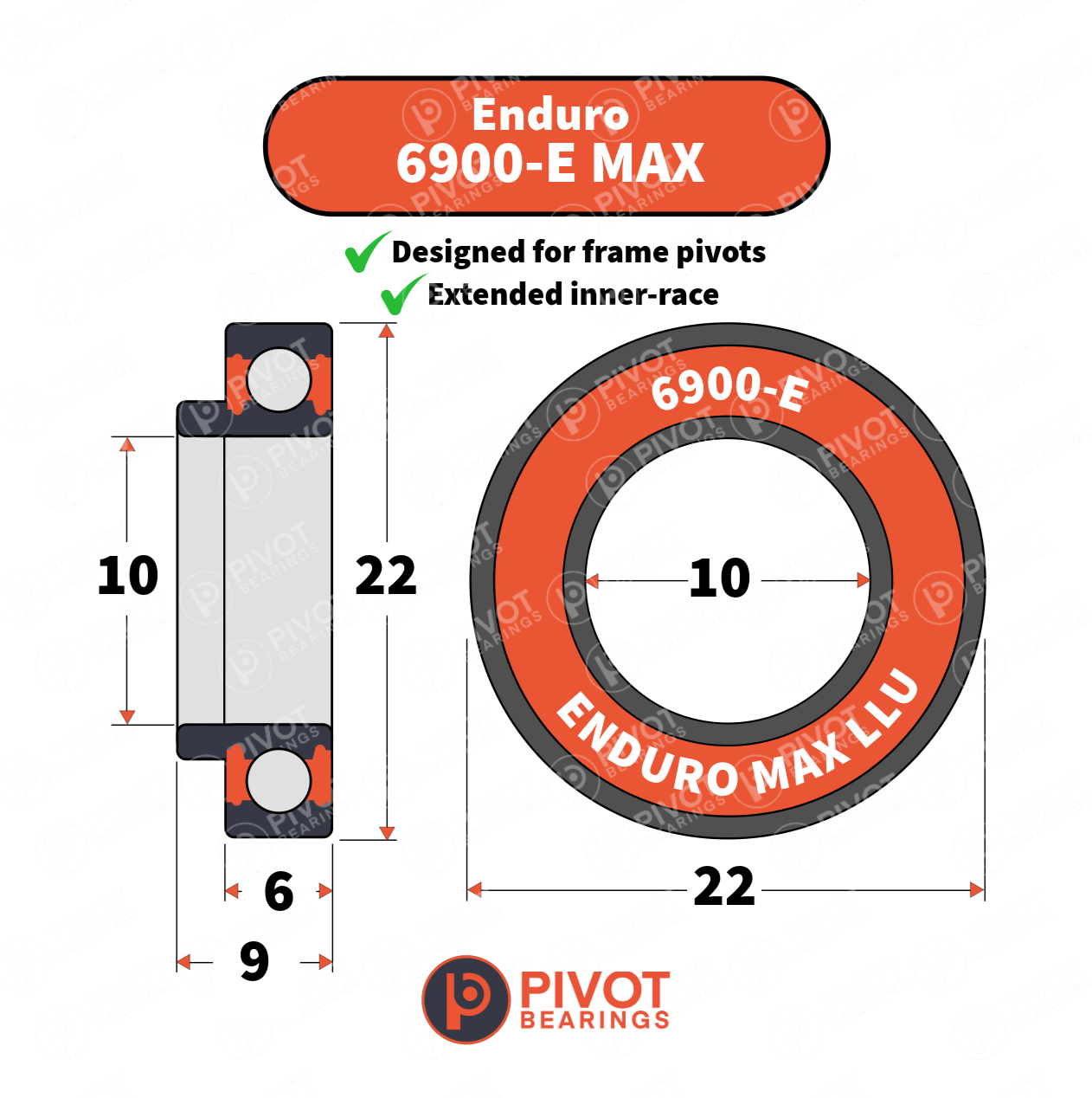 Technical drawing of an Enduro 6900 MAX-E bearing with dimensions and Pivot Bearings branding on a white background