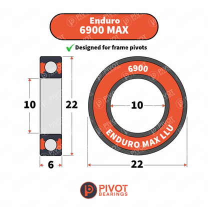 Enduro 6900 MAX bearing with dimensions and Pivot Bearings logo on a white background