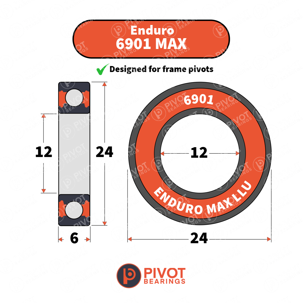 Enduro 6901 MAX bearing with dimensions and Pivot Bearings logo on a white background