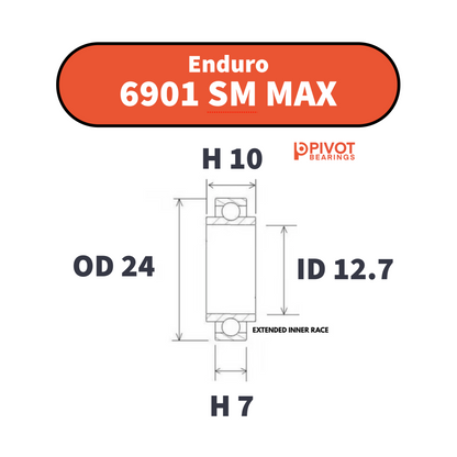 Technical drawing of an Enduro 6901 SM MAX bearing with dimensions and Pivot Bearings branding on a white background