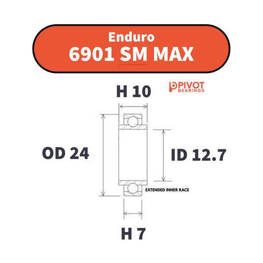 Technical drawing of an Enduro 6901 SM MAX bearing with dimensions and Pivot Bearings branding on a white background