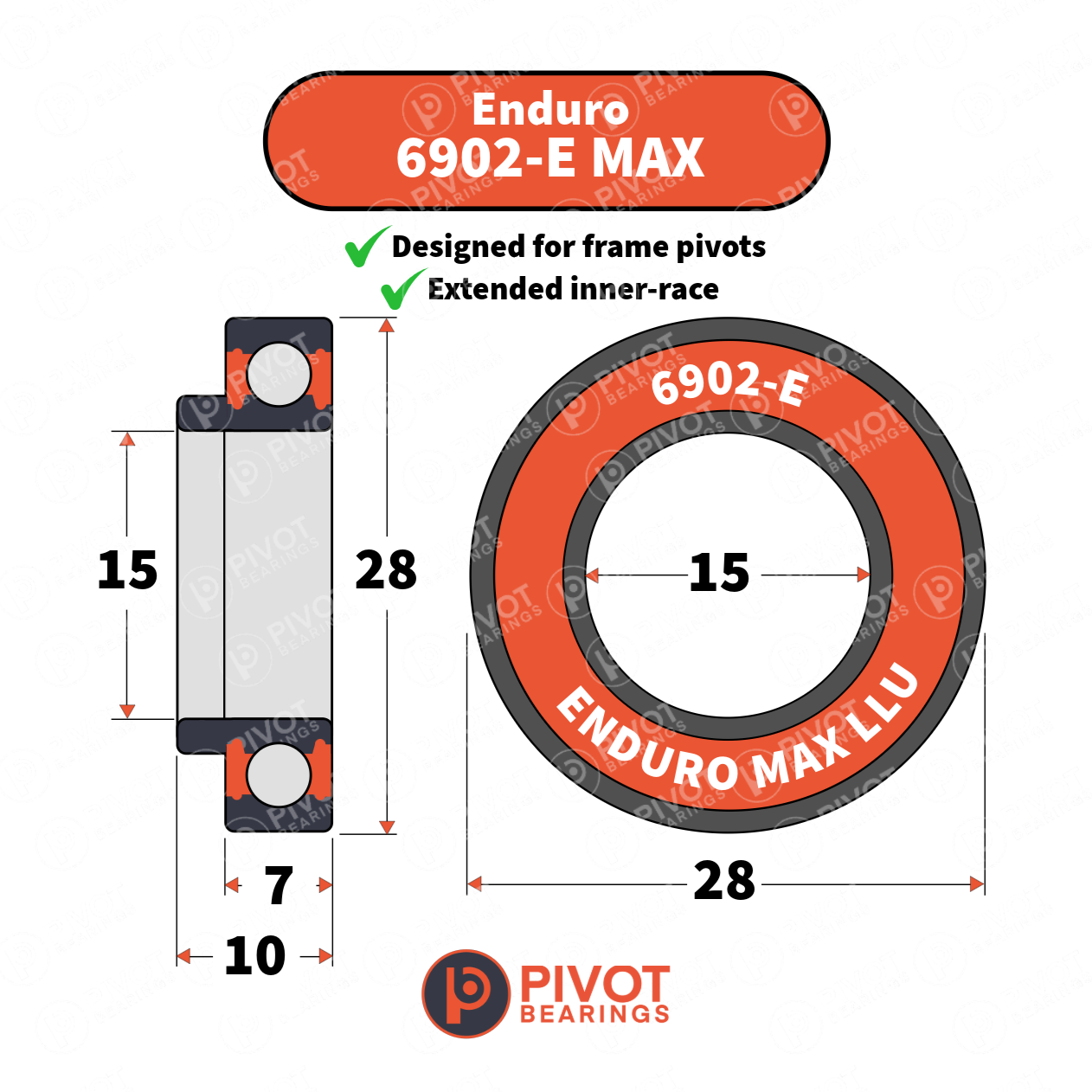 Technical drawing of an Enduro 6902 MAX-E bearing with dimensions and Pivot Bearings logo.