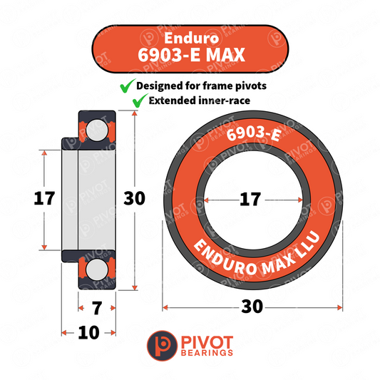Technical drawing of an Enduro 6903 MAX-E bearing with dimensions and Pivot Bearings logo.