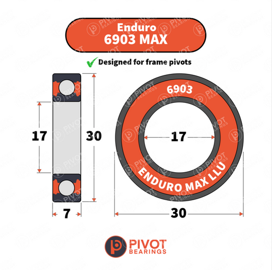 Enduro 6903 MAX bearing with dimensions and Pivot Bearings logo on a white background