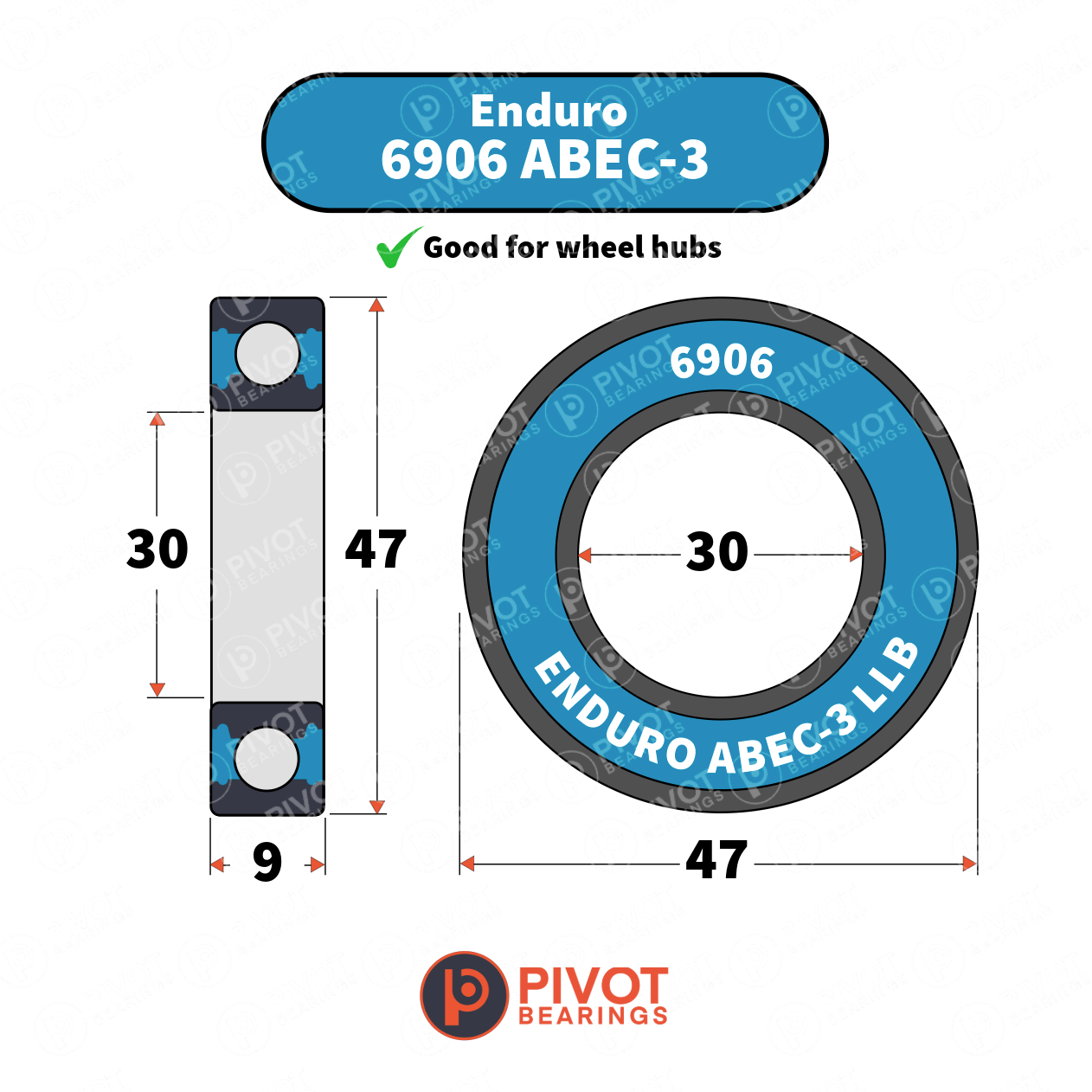 Enduro 6906 ABEC-3 bearing with dimensions and Pivot Bearings logo on a white background