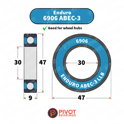 Enduro 6906 ABEC-3 bearing with dimensions and Pivot Bearings logo on a white background