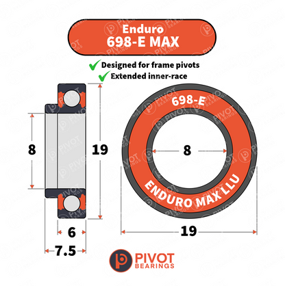 Technical drawing of aN Enduro 698 MAX-E bearing with dimensions and Pivot Bearing logo on a white background.