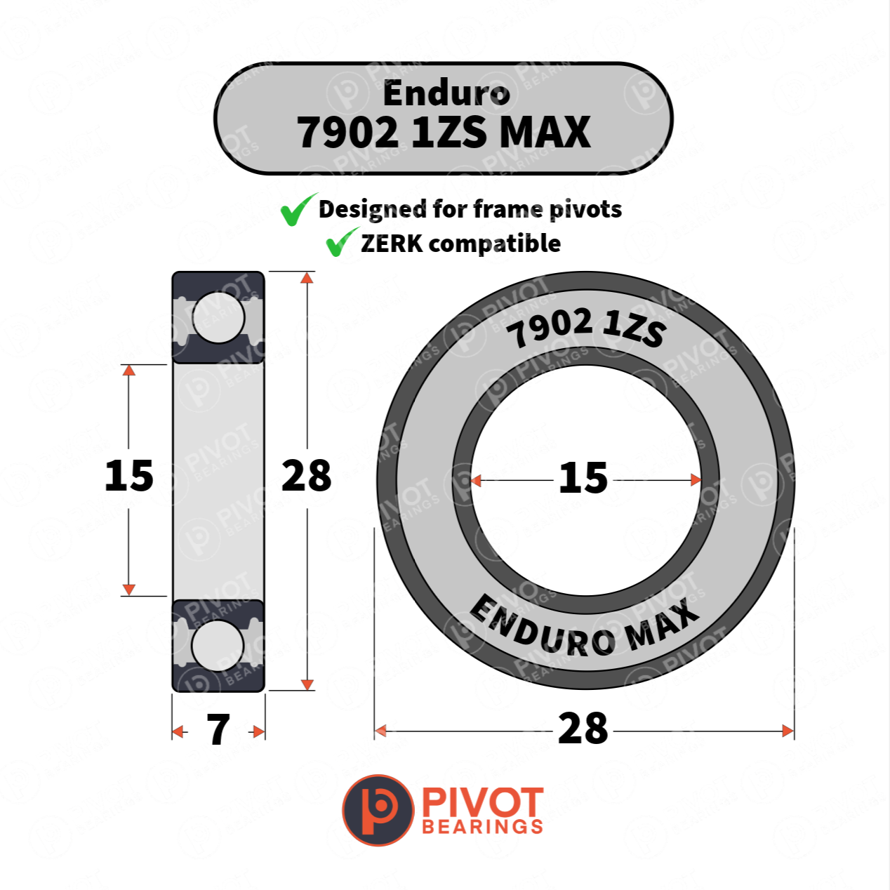 Enduro 7902 1ZS MAX bearing with dimensions and Pivot Bearings logo on a white background
