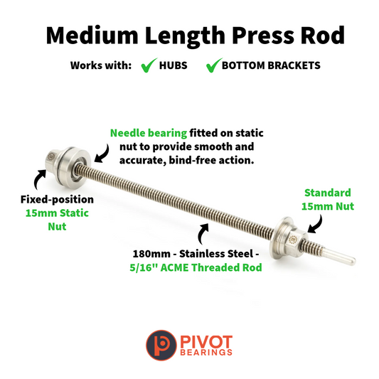 A medium length press rod with threaded steel ends and needle bearing, shown on a white background with text labels explaining compatibility and parts. The Pivot Bearings logo is visible at the bottom.