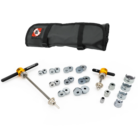 Displays Enduro Bearing Press Toolset BRT-060 including t-handle press & puller tools and assorted bearing guides