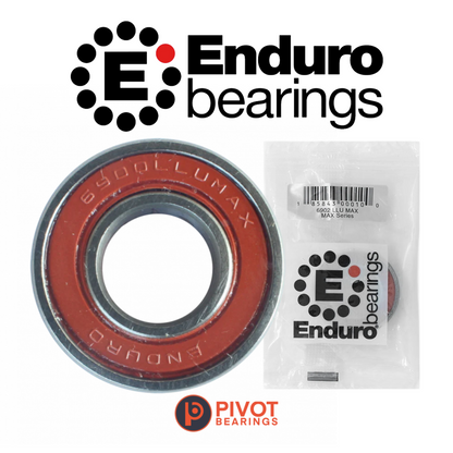 Enlarged image of a Enduro Max bearing beside a display of the bearing inside of its clear plastic packaging.