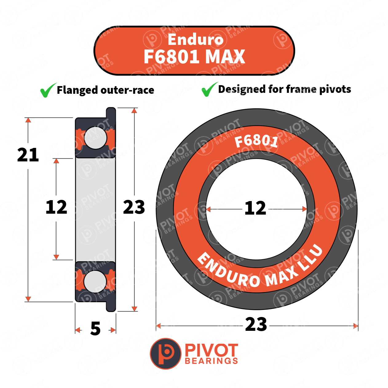 Technical drawing of an Enduro F6801 MAX bearing component with dimensions and Pivot Bearings branding.