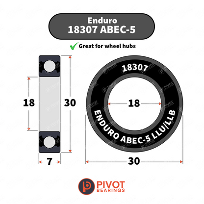 Technical dimension diagram of an Enduro MR 18307 ABEC-5 bearing, showing front and side views with measurements of 30, 18, and 7, on a white background with Pivot Bearings branding.