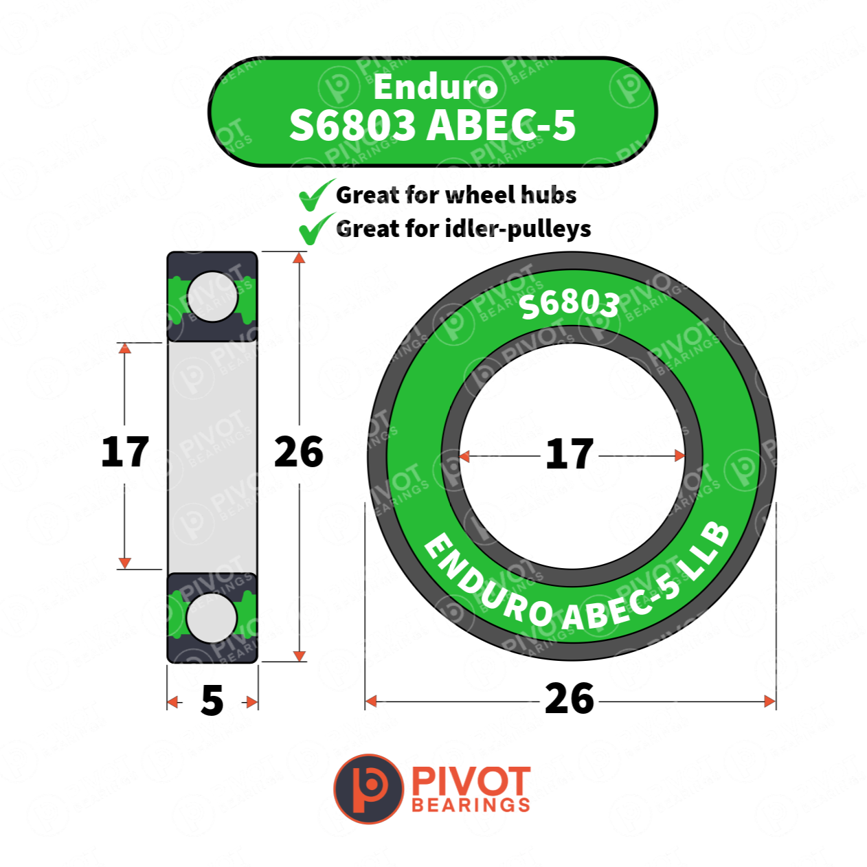 Enduro S6803 ABEC-5 bearing with dimensions and Pivot Bearings logo on a white background