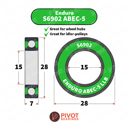 Enduro S6902 ABEC-5 bearing with dimensions and Pivot Bearings logo on a white background